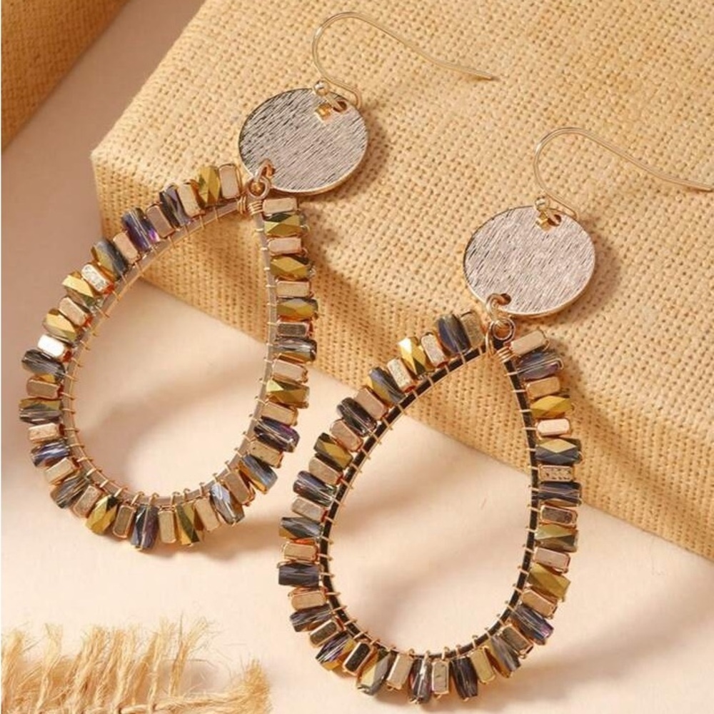 Gold Metal Beaded Teardrop Shape Earrings